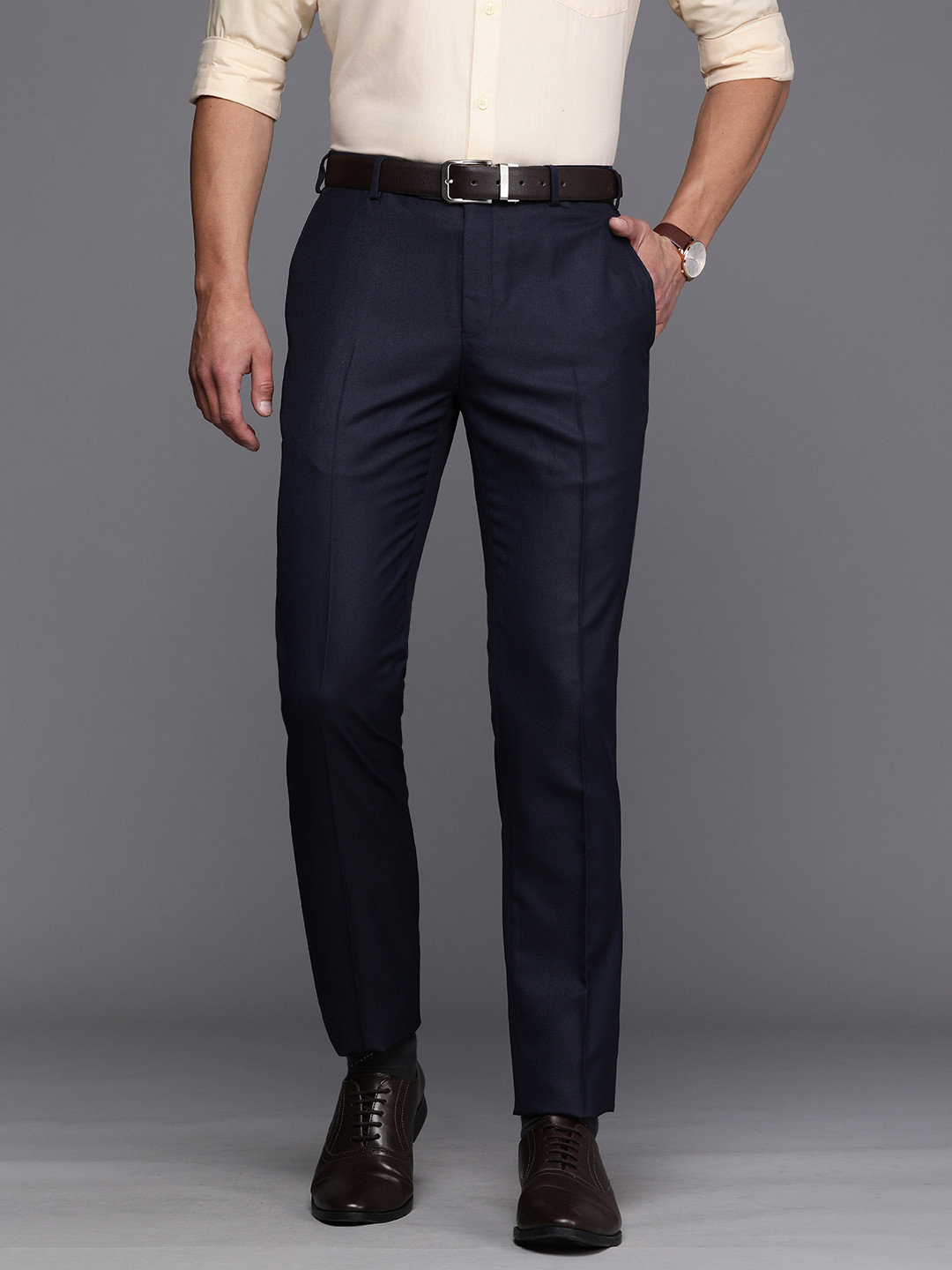 Buy Raymond Men Dark Blue Solid Slim Fit Formal Trousers - Trousers for ...