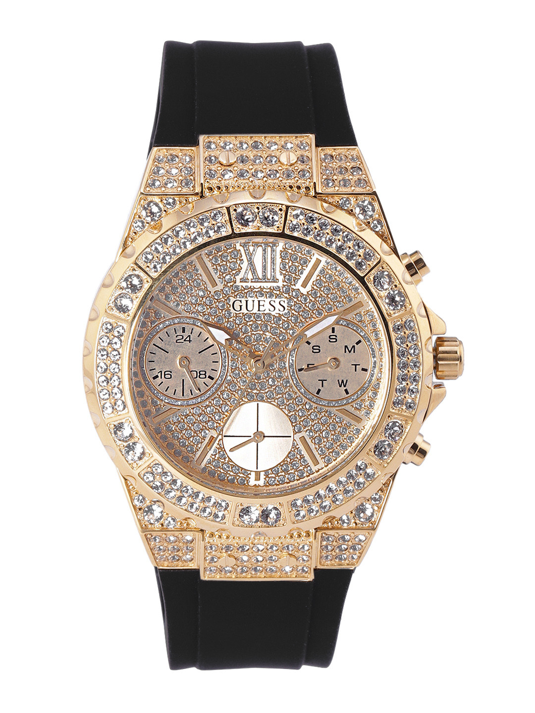 Buy GUESS Women Gold Toned Embellished Dial & Black Straps Analogue Watch GW0038L1 Watches for