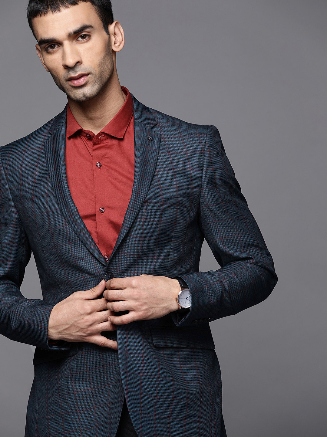 Buy Raymond Men Navy Blue Checked Single Breasted Formal Blazer