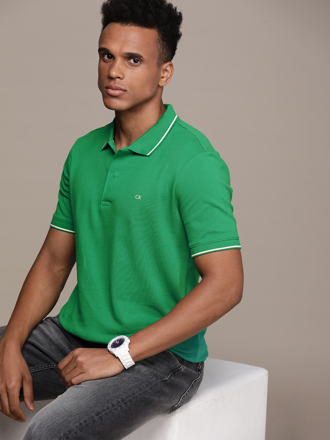 Buy Calvin Klein Jeans Men Green Solid Polo Collar Slim Fit T Shirt