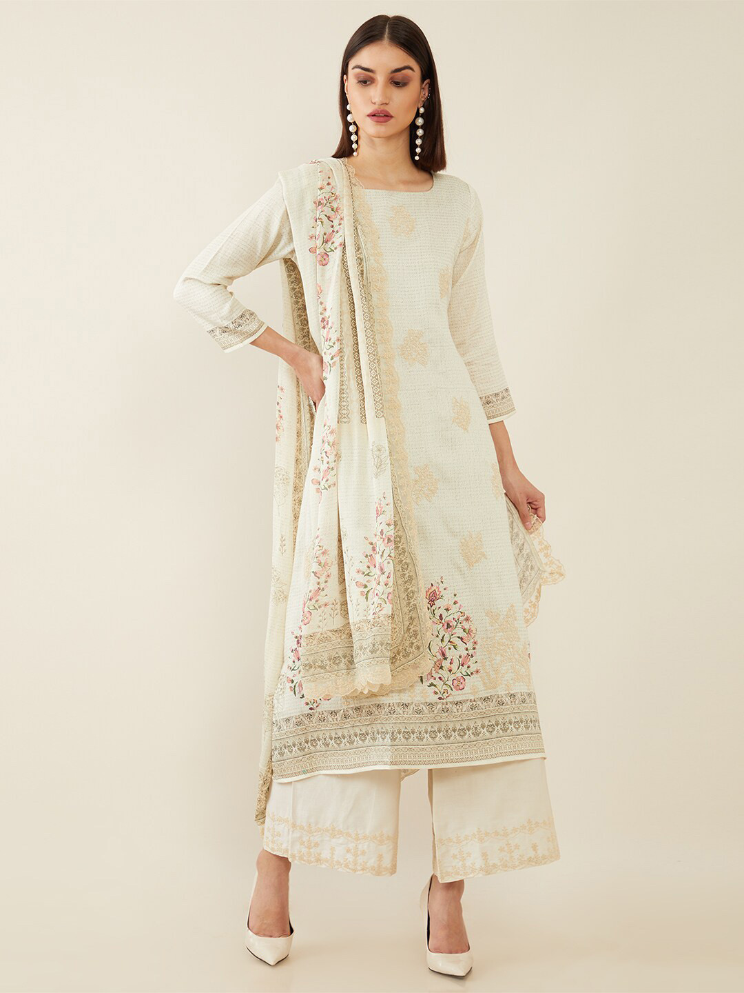 Buy Soch Cream Coloured Embroidered Pure Cotton Unstitched Dress Material - Dress Material for 