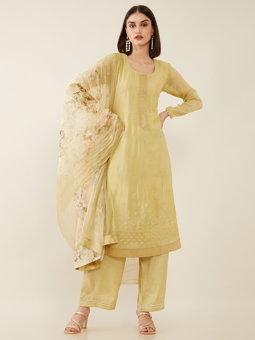 Buy Soch Green & Beige Embroidered Unstitched Dress Material Dress