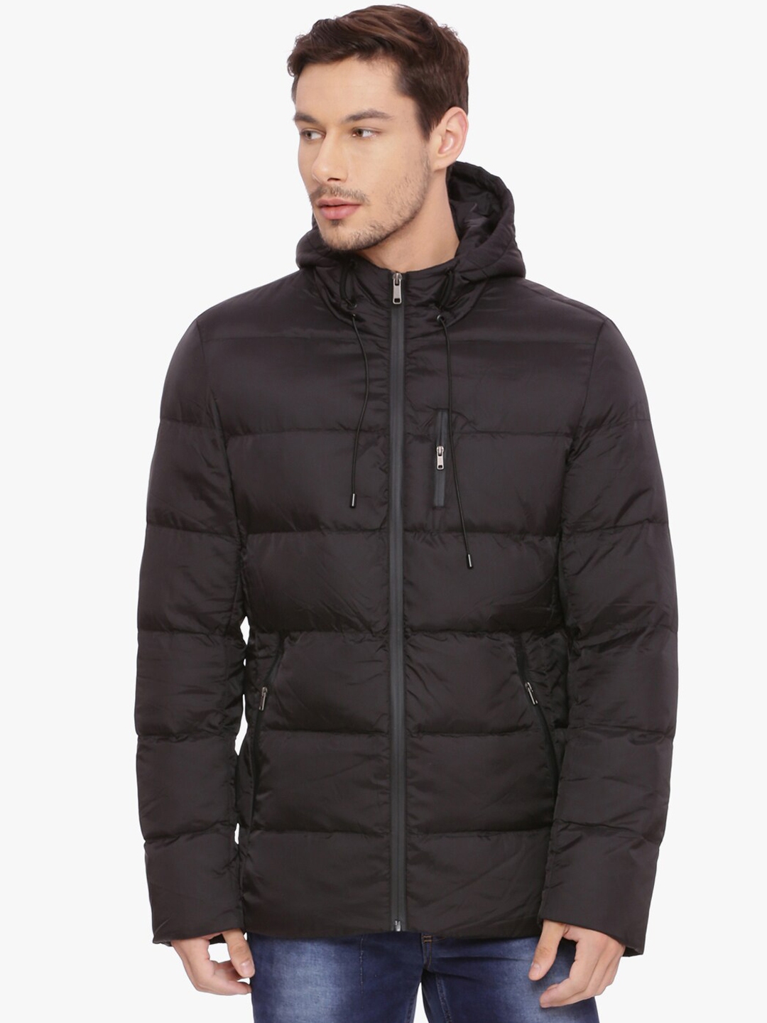 Buy Basics Men Black Solid Longline Hooded Puffer Jacket - Jackets for ...
