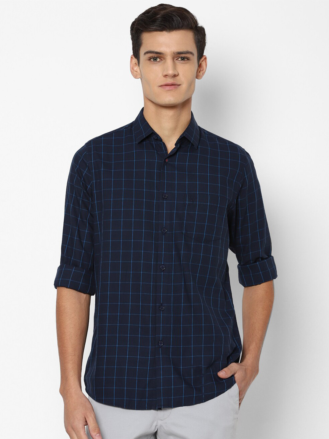 Buy Allen Solly Men Navy Blue Slim Fit Checked Casual Shirt Shirts