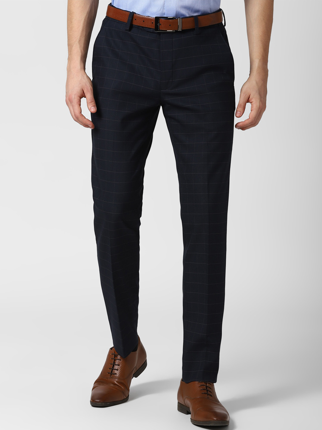 Buy Peter England Men Navy Blue Checked Slim Fit Trousers Trousers