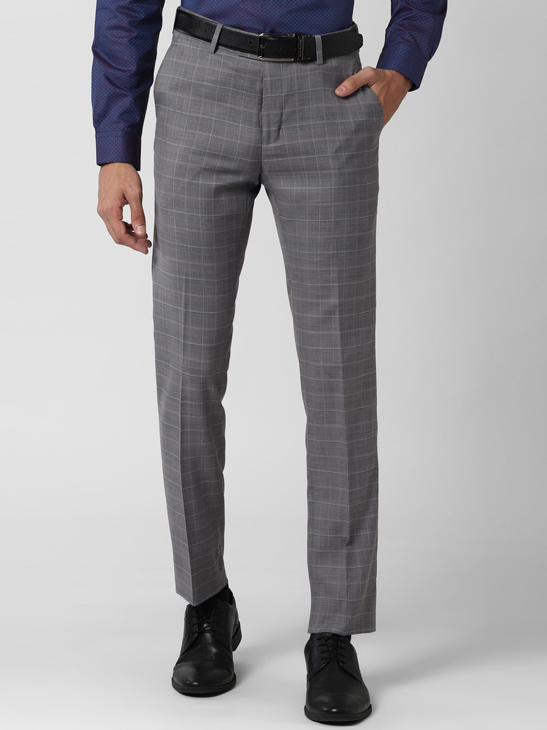 Buy Peter England Elite Men Grey Checked Slim Fit Trousers - Trousers ...
