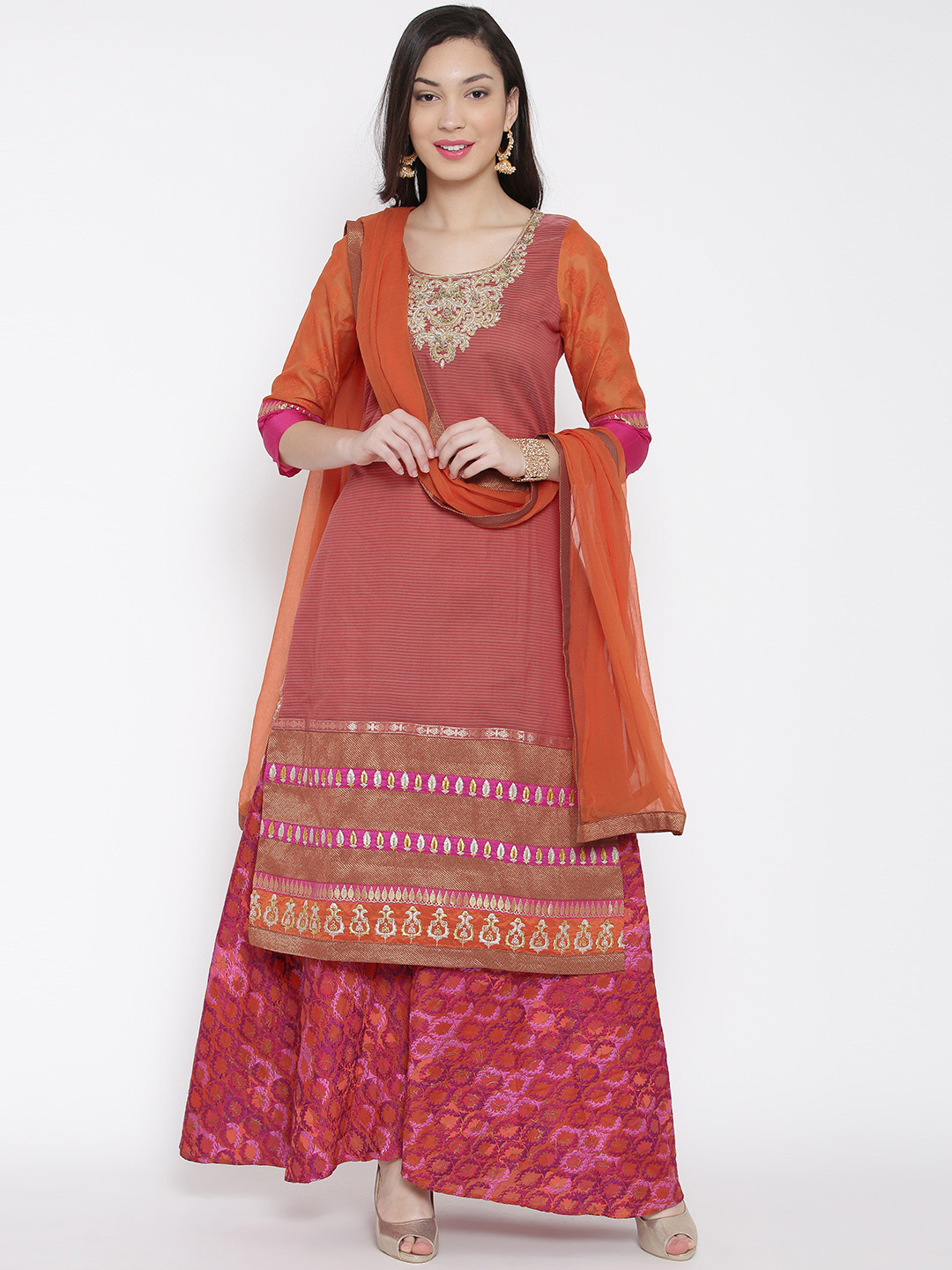 Buy Biba Rust Orange & Magenta Embroidered Kurta With Sharara Pants
