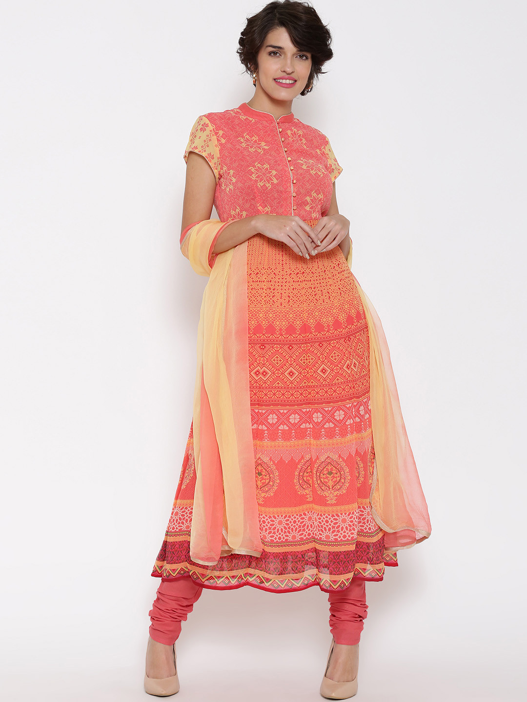 Buy BIBA Peach Coloured Printed Anarkali Churidar Kurta With Dupatta