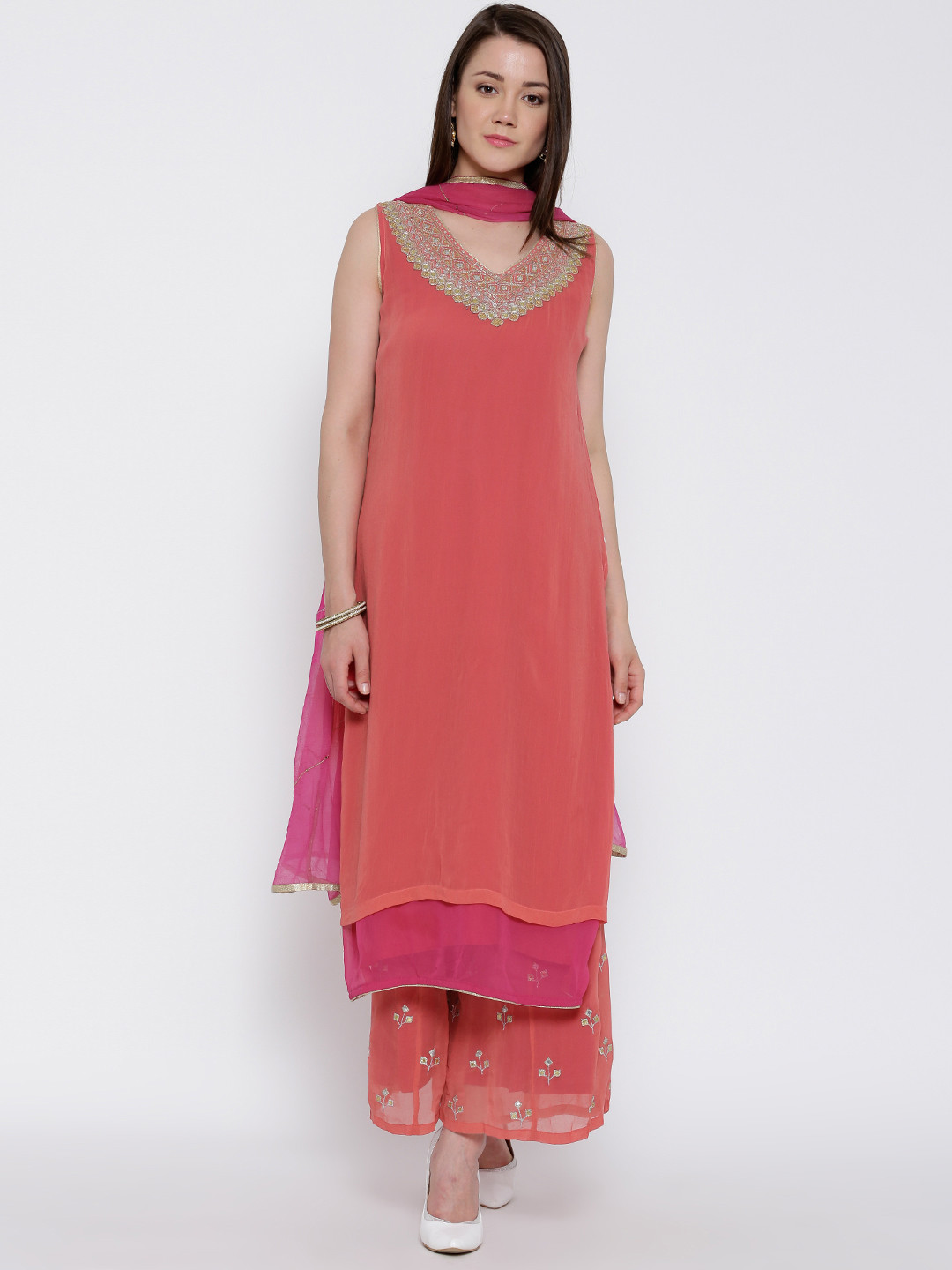 Buy Biba Coral Pink Embroidered Kurta With Palazzo Trousers & Dupatta