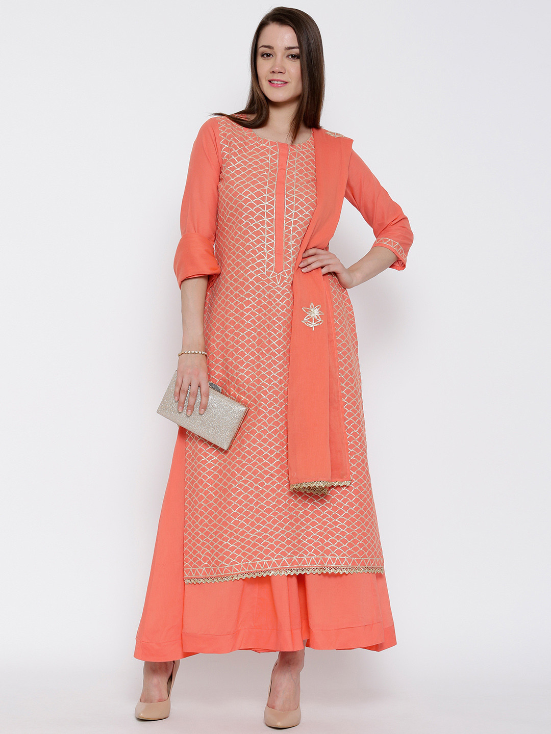 Buy Biba Coral Orange Gota Patti Detail Kurta With Palazzo Trousers