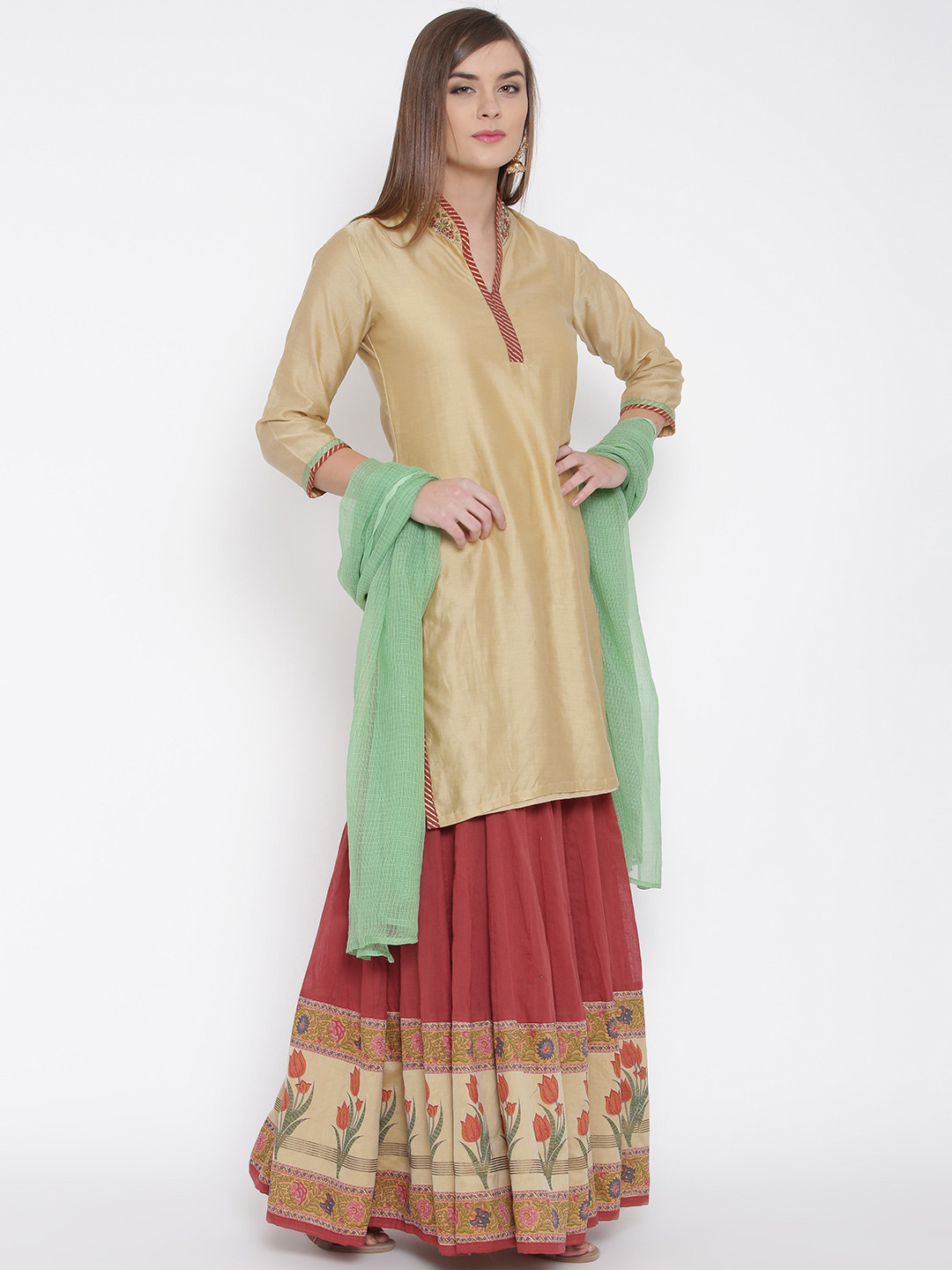 Buy Biba Beige & Red Kurta With Skirt & Dupatta Kurta Sets for Women