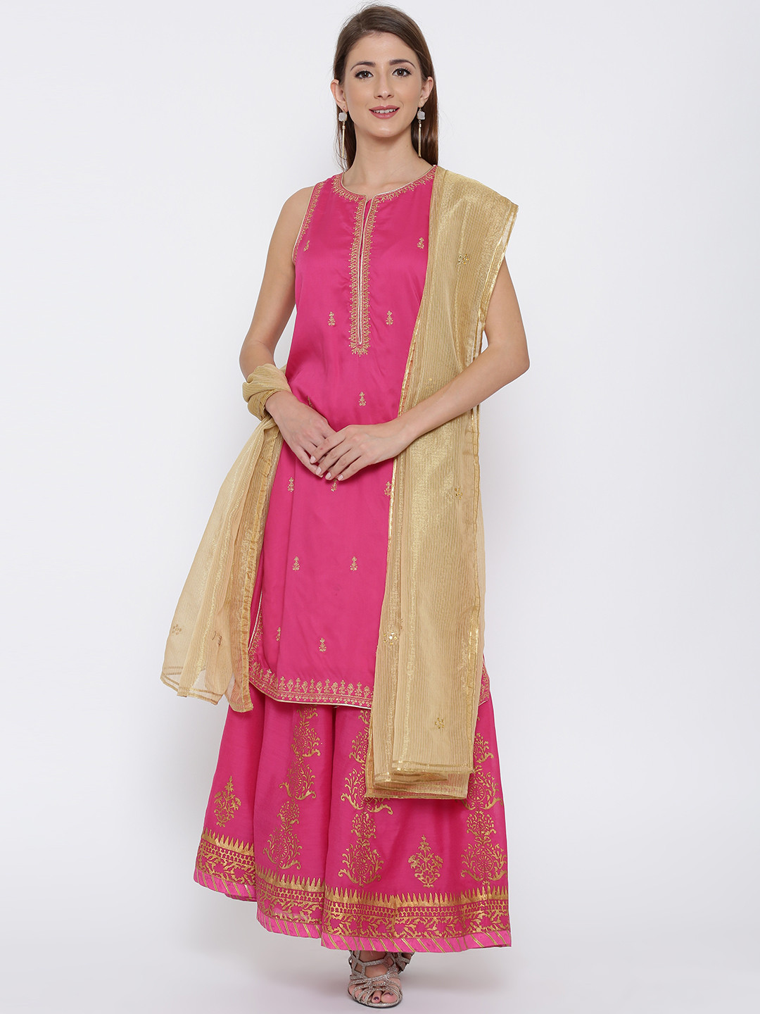 Buy Biba Pink Embroidered Straight Kurta With Palazzo Trousers