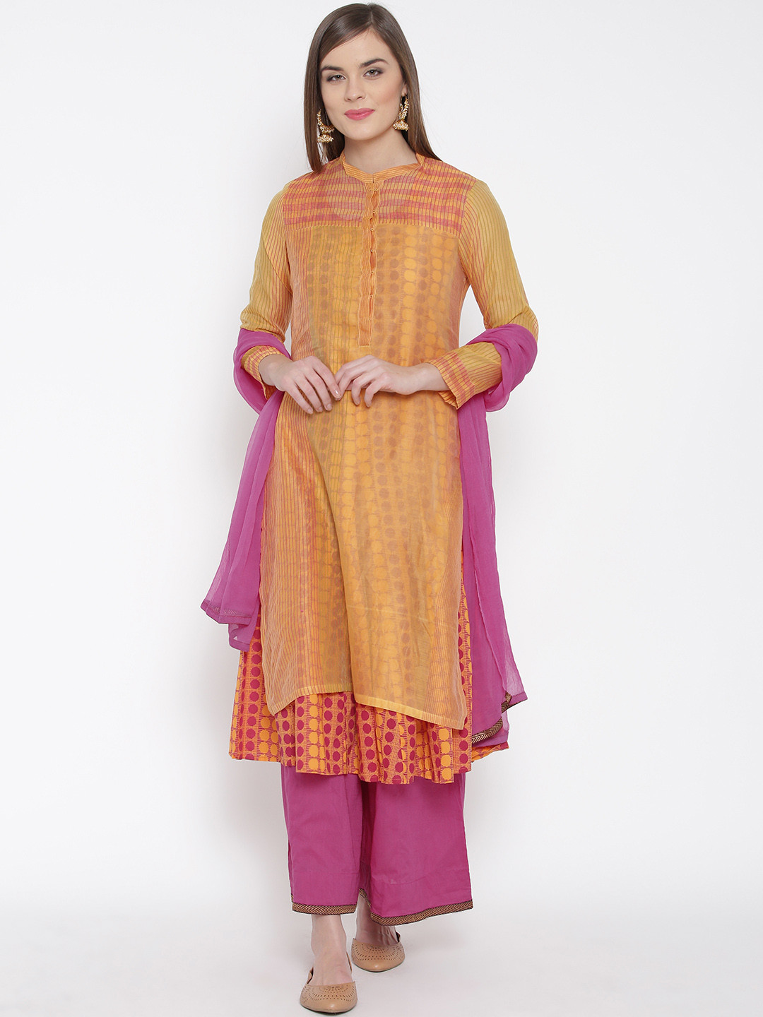 Buy Biba Orange & Pink Kurta With Palazzo Trousers & Dupatta Kurta