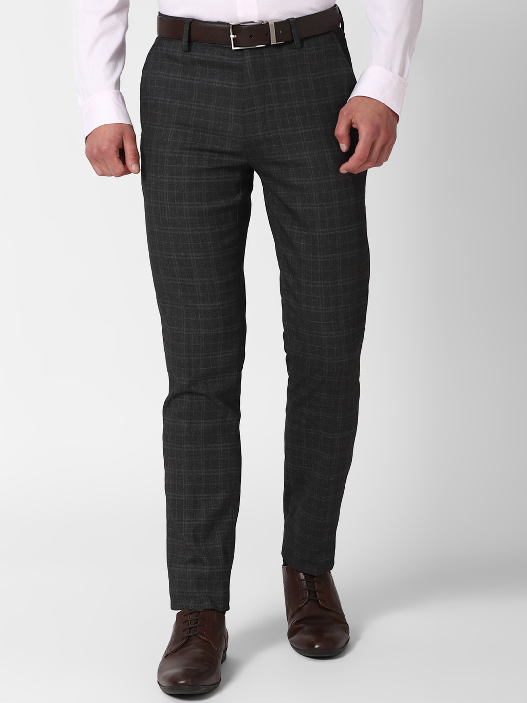 Buy Peter England Men Grey Checked Slim Fit Trousers Trousers for Men
