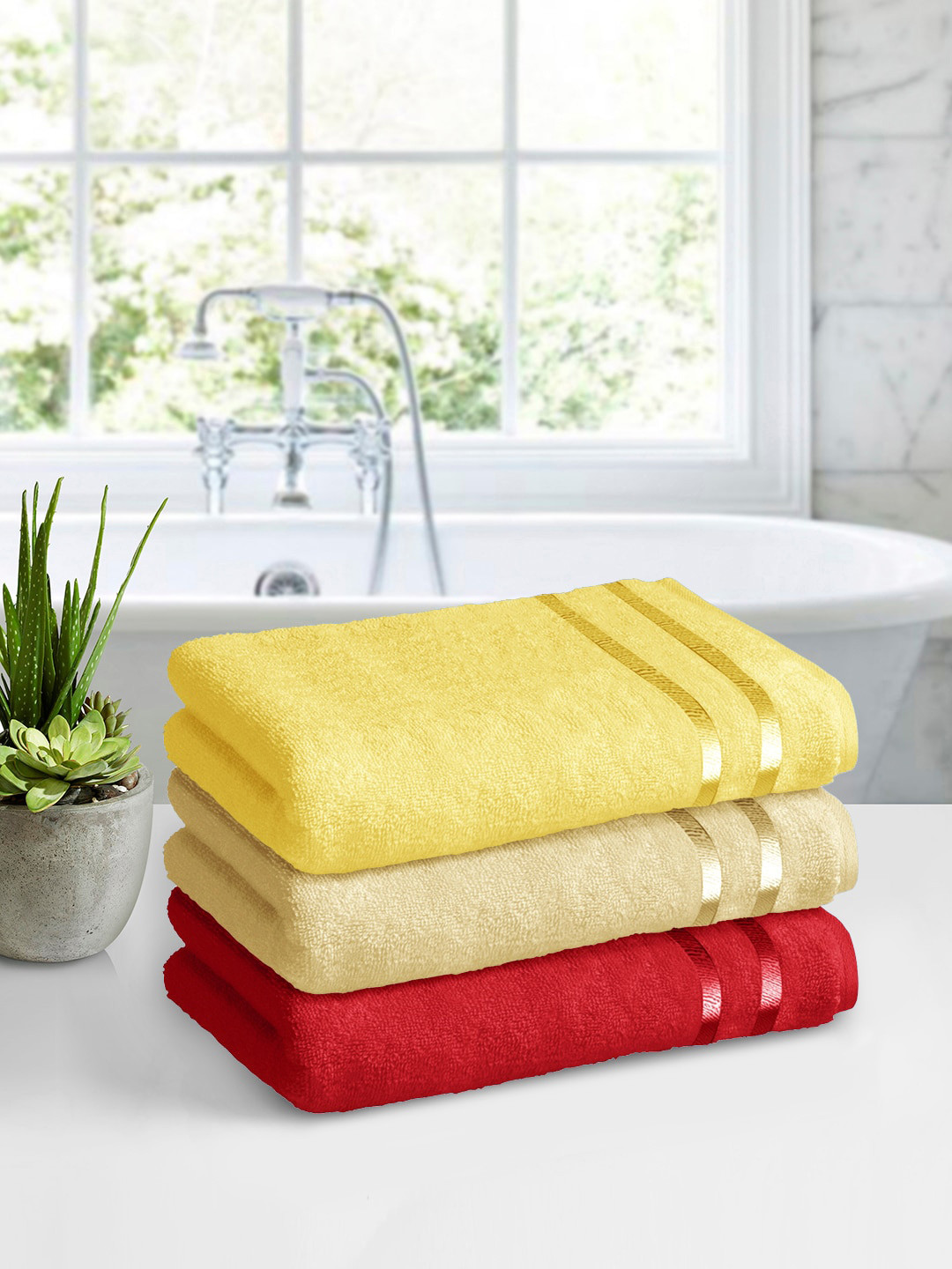 Buy Storyhome Set Of 3 Red & Yellow 450 GSM Cotton Bath Towels Bath