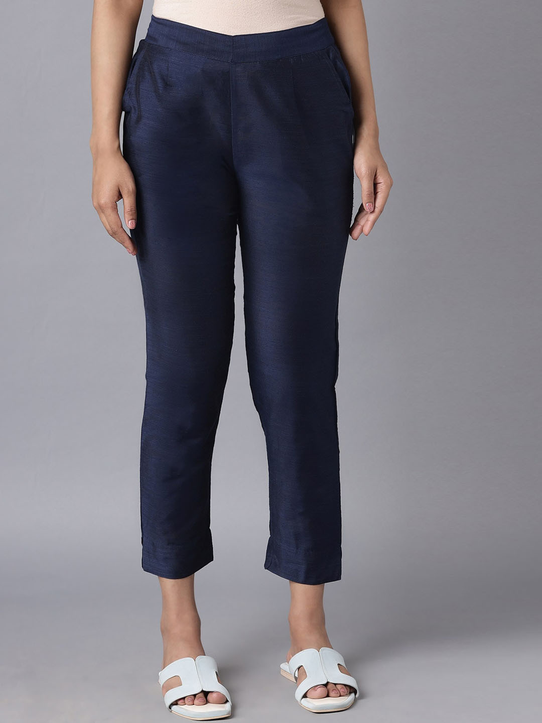Elleven Women's Blue Solid Flared Cotton Culottes With Drawstring