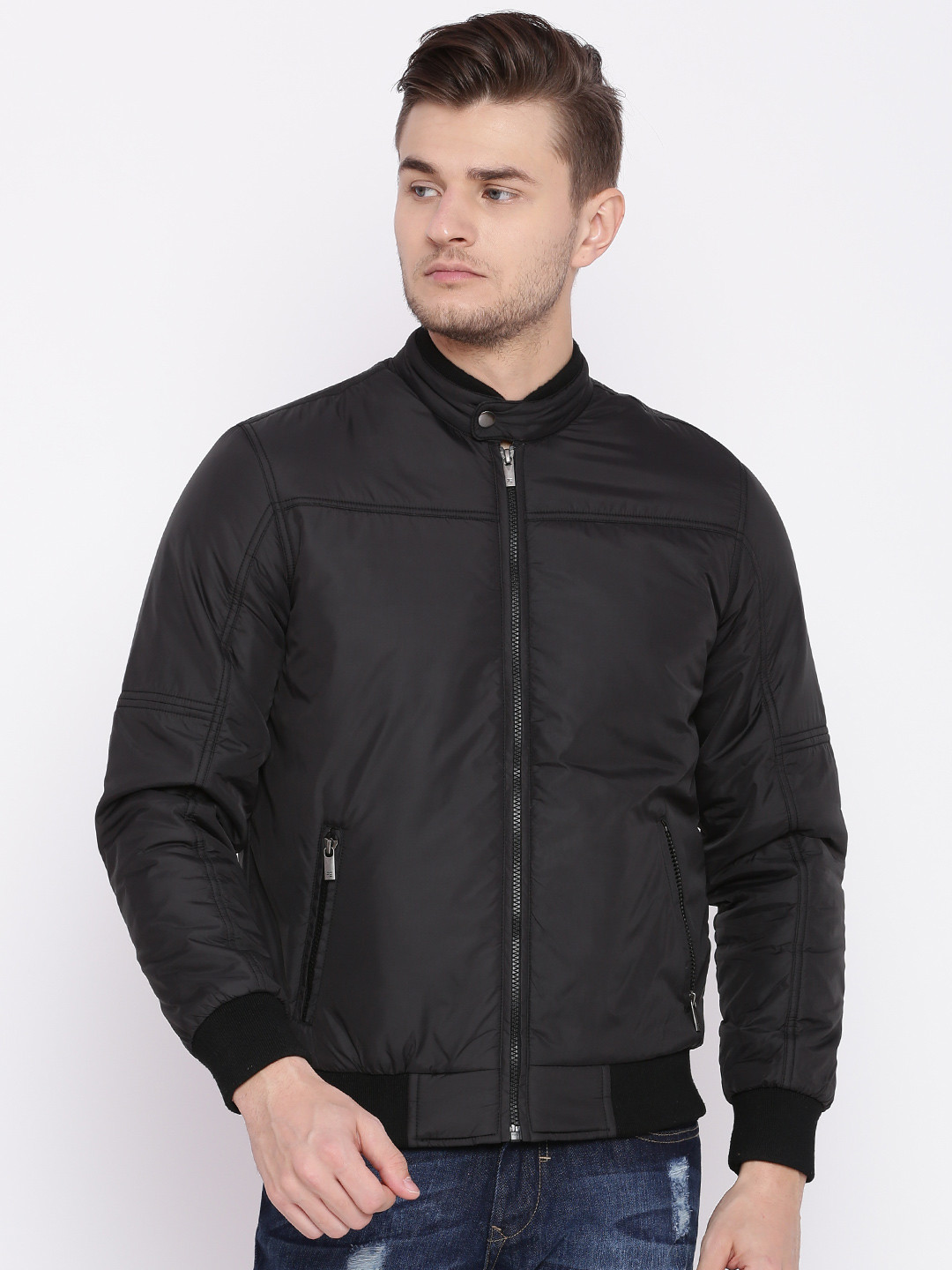 Buy Peter England Casuals Men Black Solid Bomber Jacket Jackets for