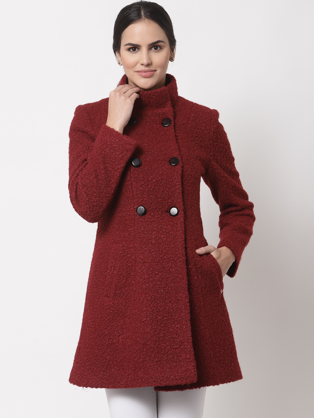 Buy Juelle Women Maroon Self Design Slim Fit Trench Coat - Coats for ...