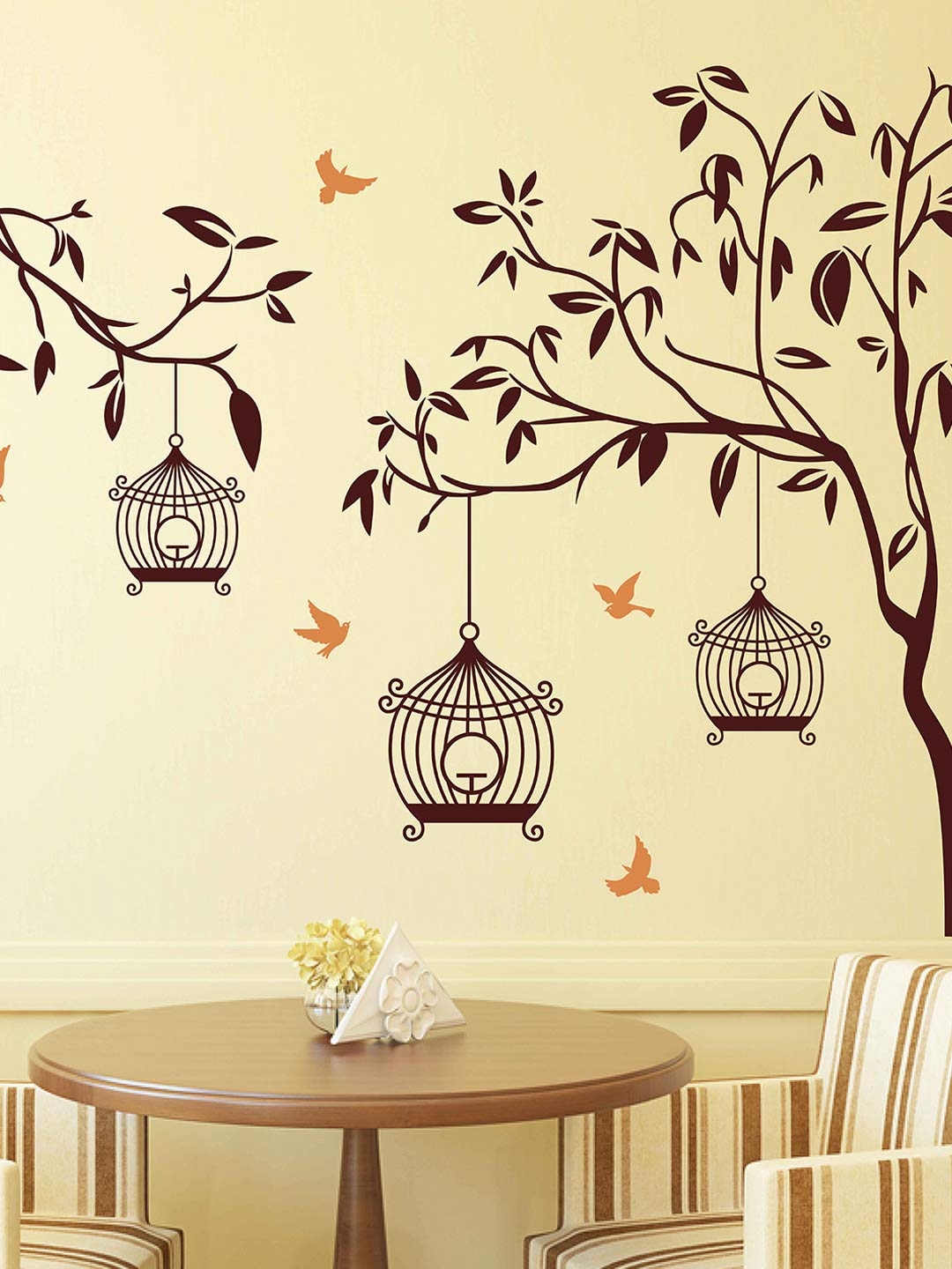 Buy Aspire Brown Tree With Birds & Cages Wall Sticker - Decals And ...
