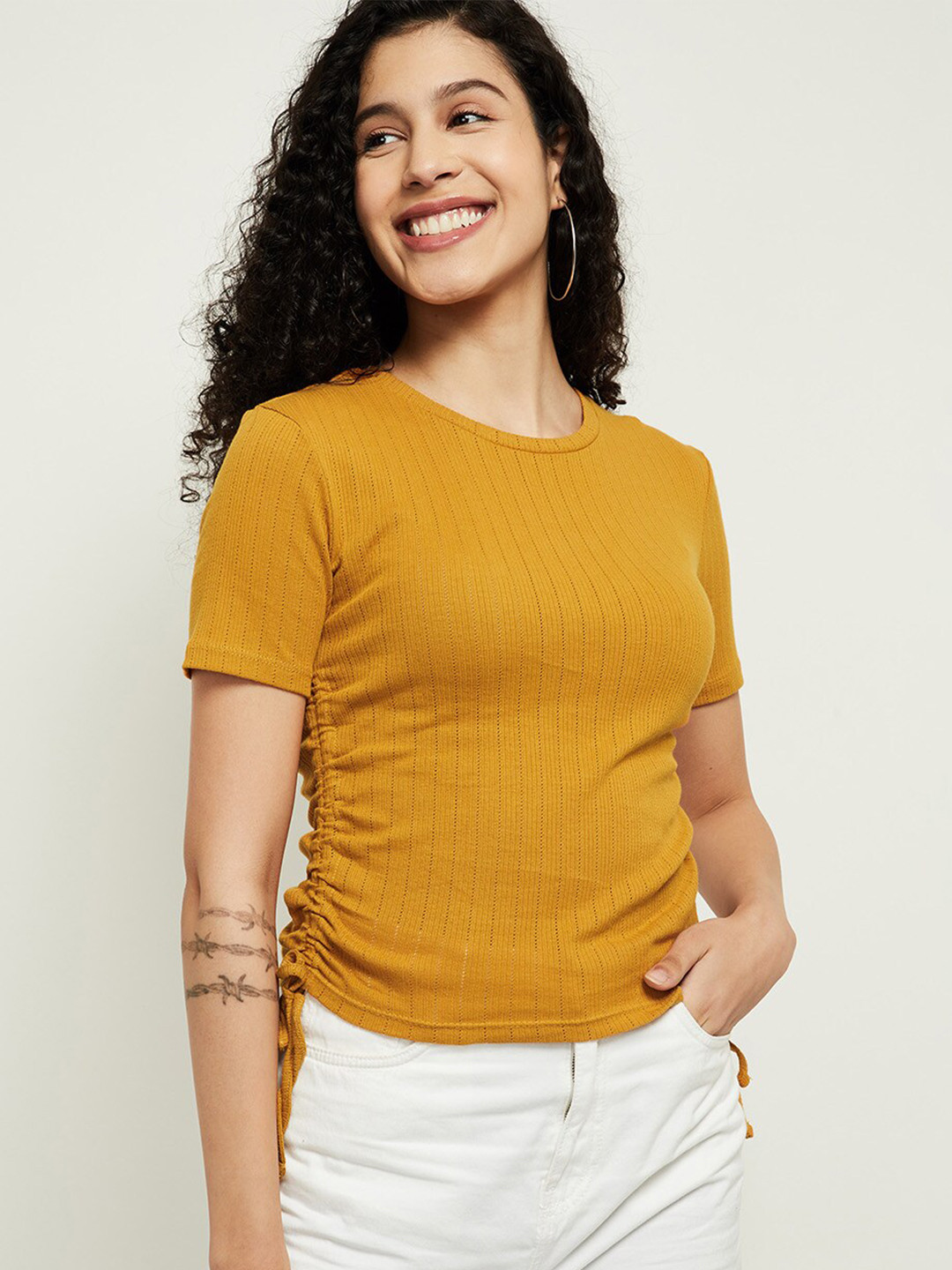 Buy Max Mustard Yellow Self Design Regular Top Tops for Women