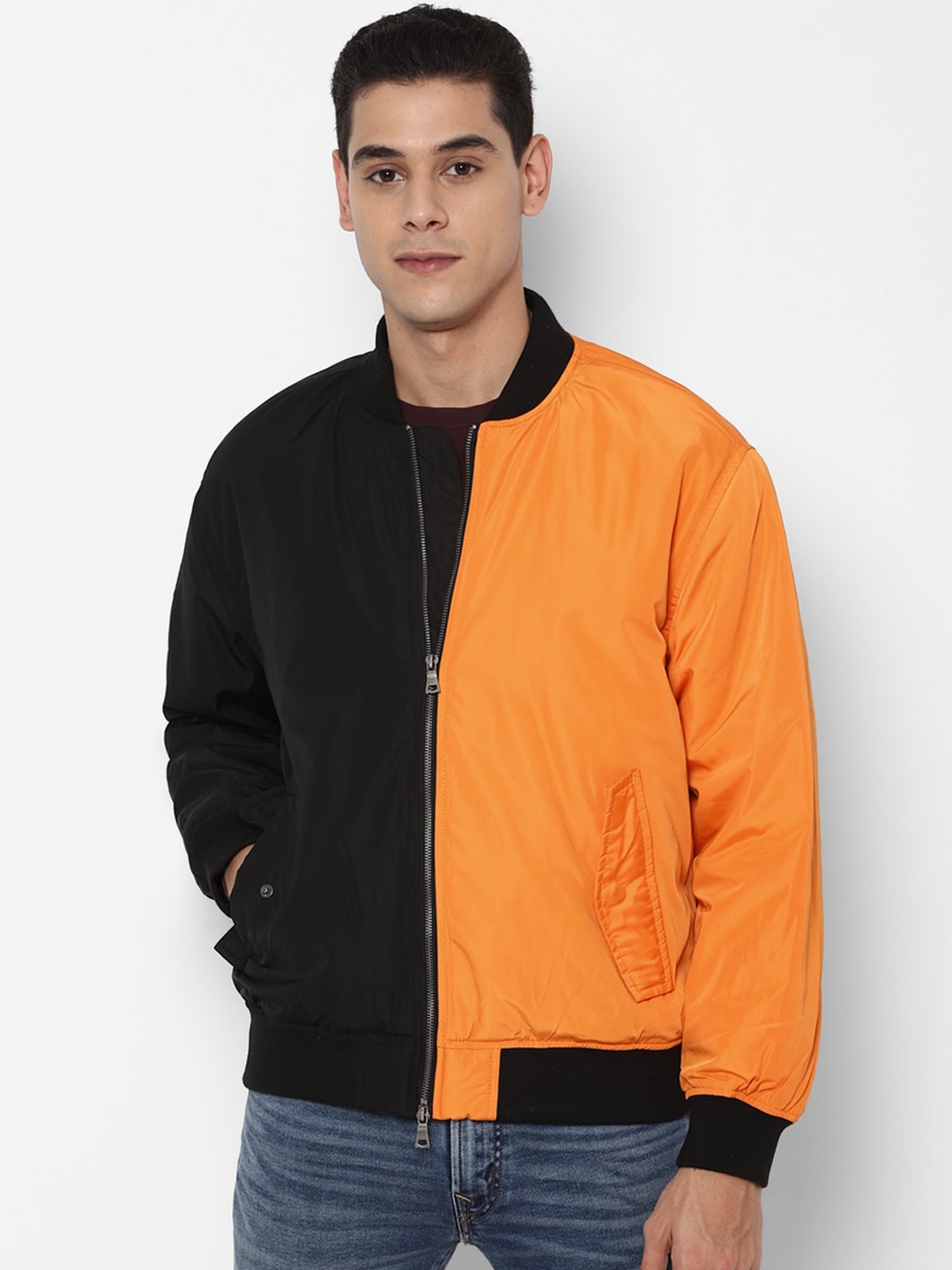 Buy Forever 21 Men Black Orange Colourblocked Bomber Jacket Jackets For Men 16440814 Myntra 