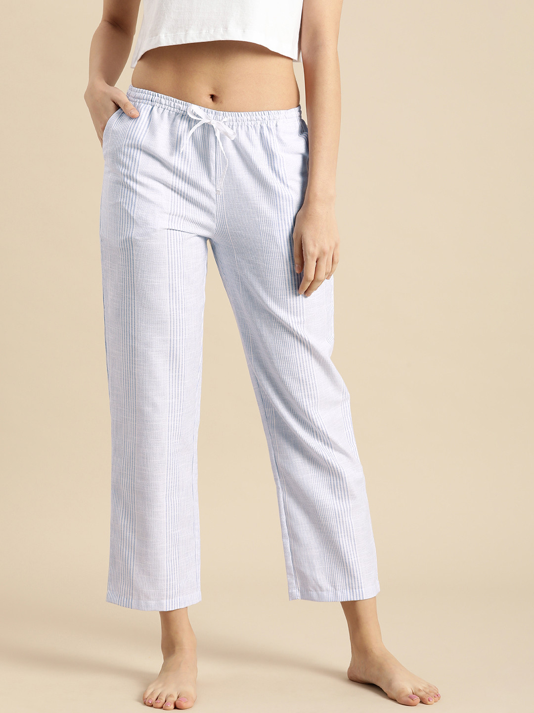 Buy Dreamz By Pantaloons Women Blue & White Mid Rise Striped Lounge ...