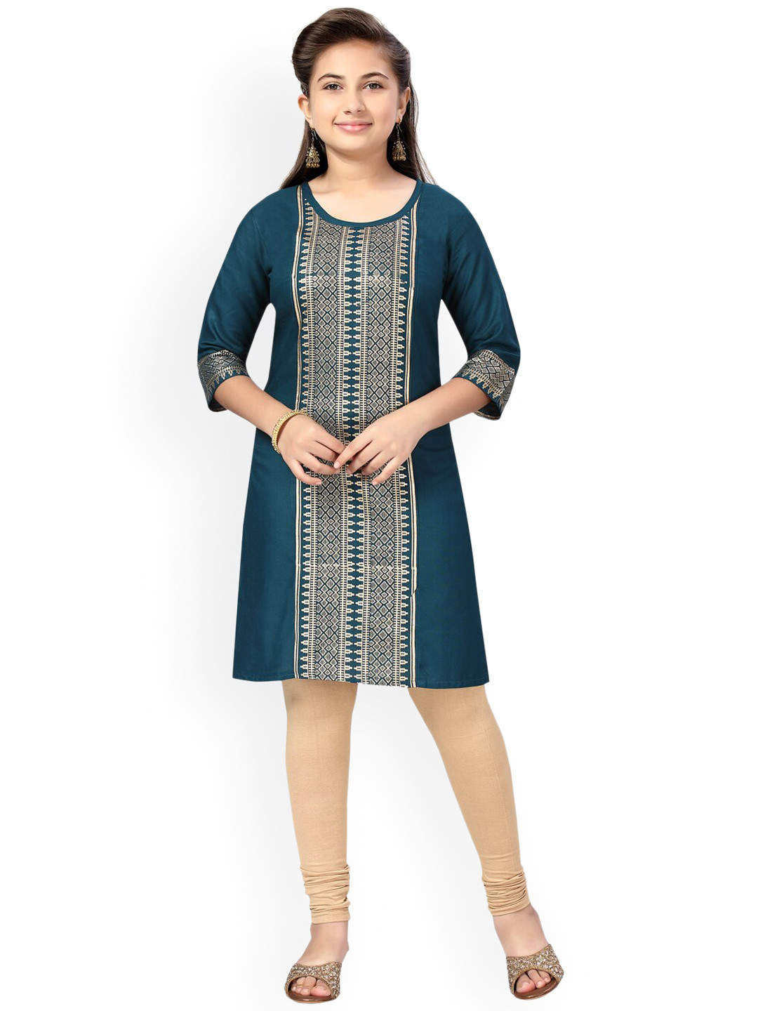 Girls Ethnic Motifs Printed Pleated Pure Cotton Kurta With Trousers & With Dupatta main image 1