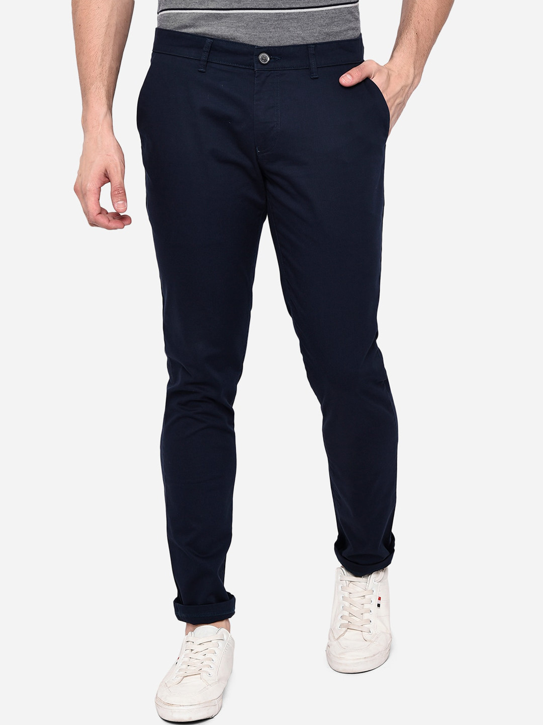 Buy Greenfibre Men Navy Blue Slim Fit Easy Wash Chinos Trousers ...