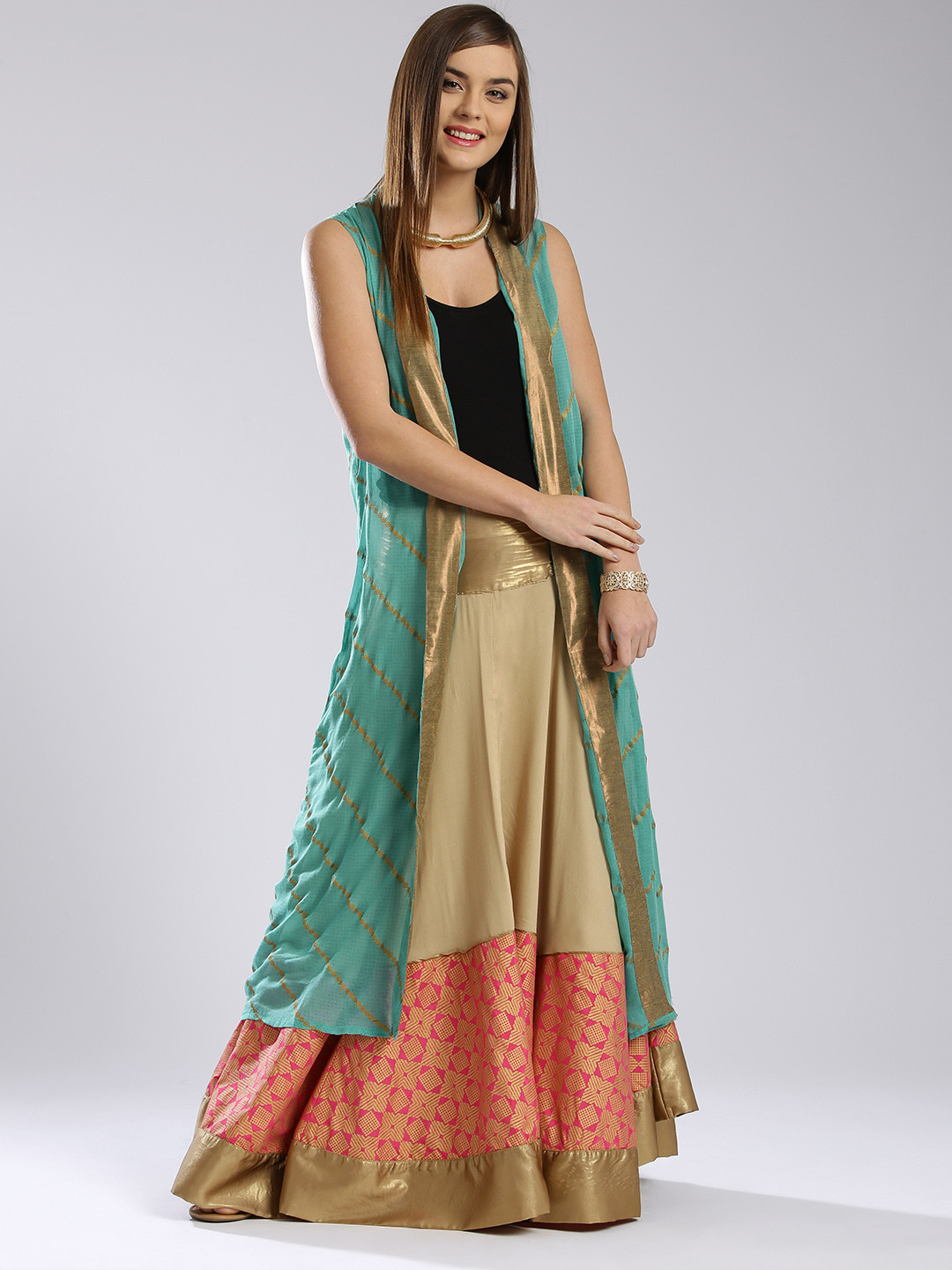 Buy W Green Printed Sleeveless Front Open Longline Ethnic Jacket