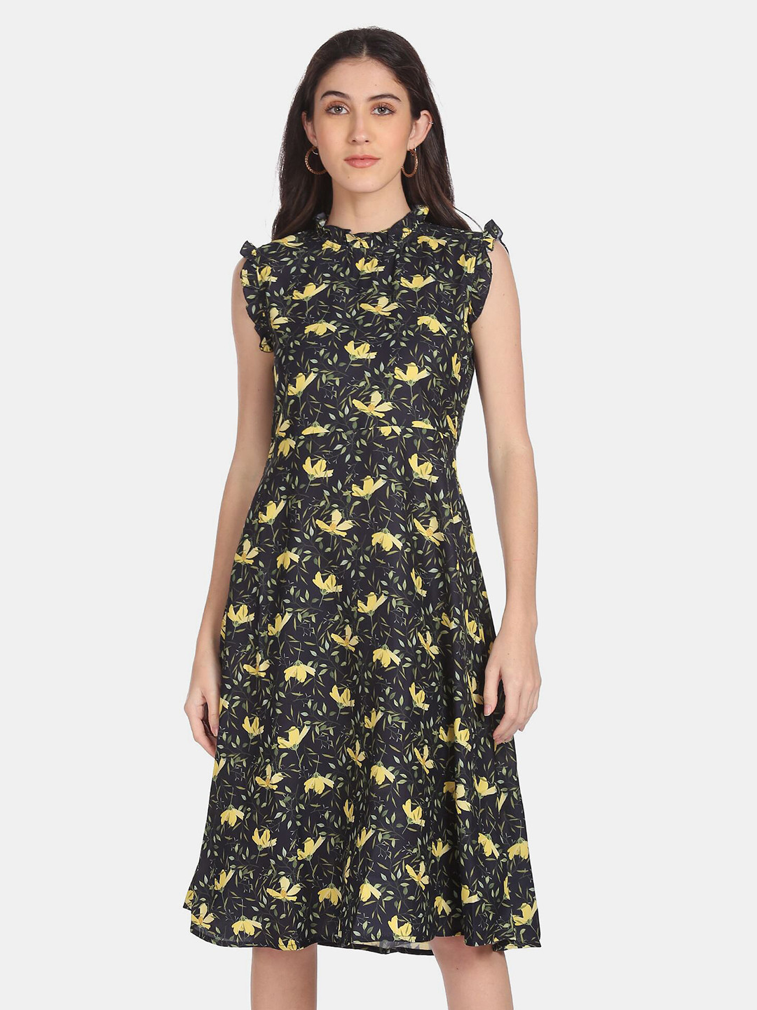 Buy Flying Machine Navy Blue & Yellow Floral A Line Dress Dresses for