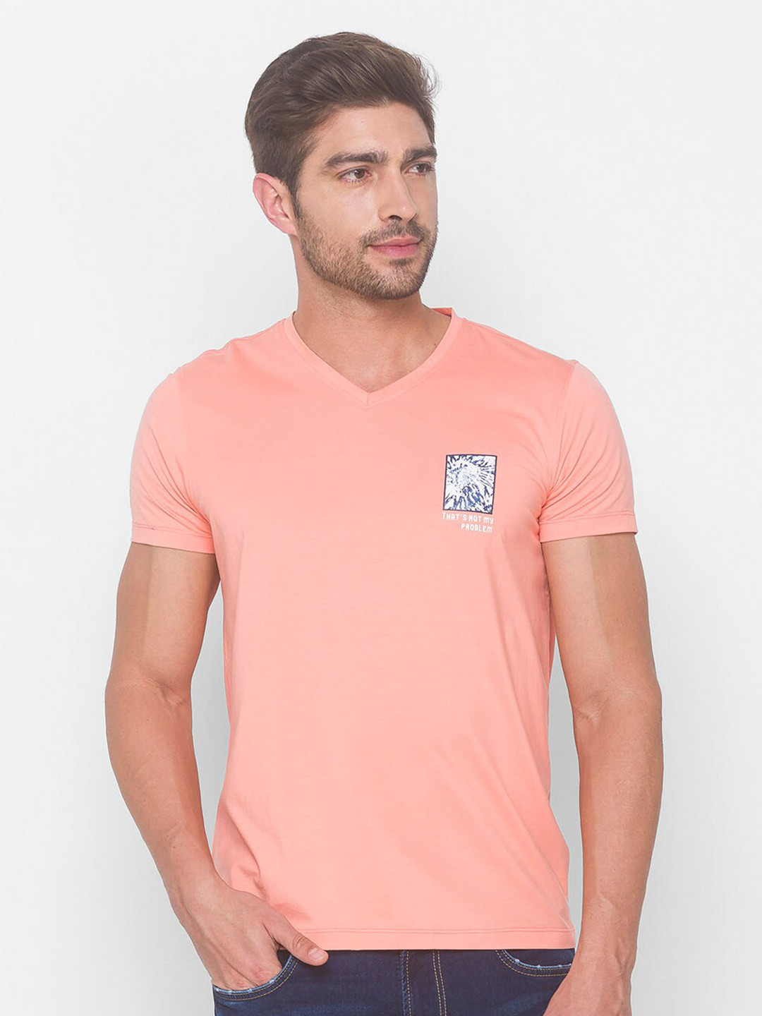 Buy SPYKAR Men Pink V Neck Applique Slim Fit T Shirt Tshirts for Men