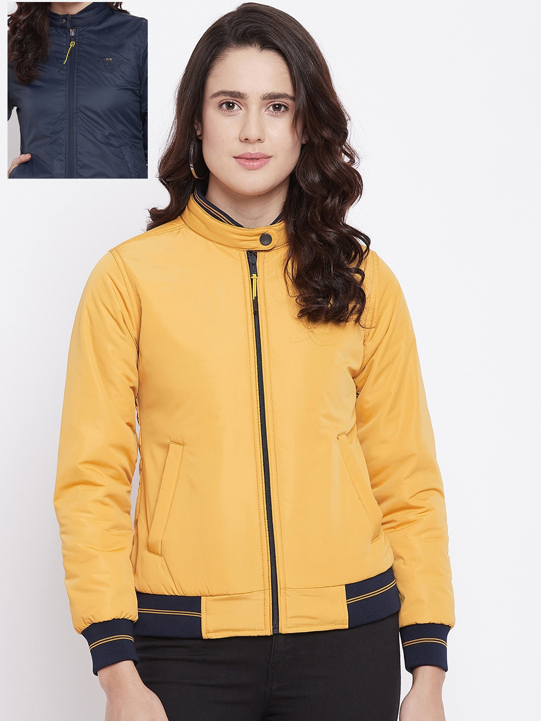 Buy Okane Women Mustard Yellow & Black Reversible Varsity Jacket