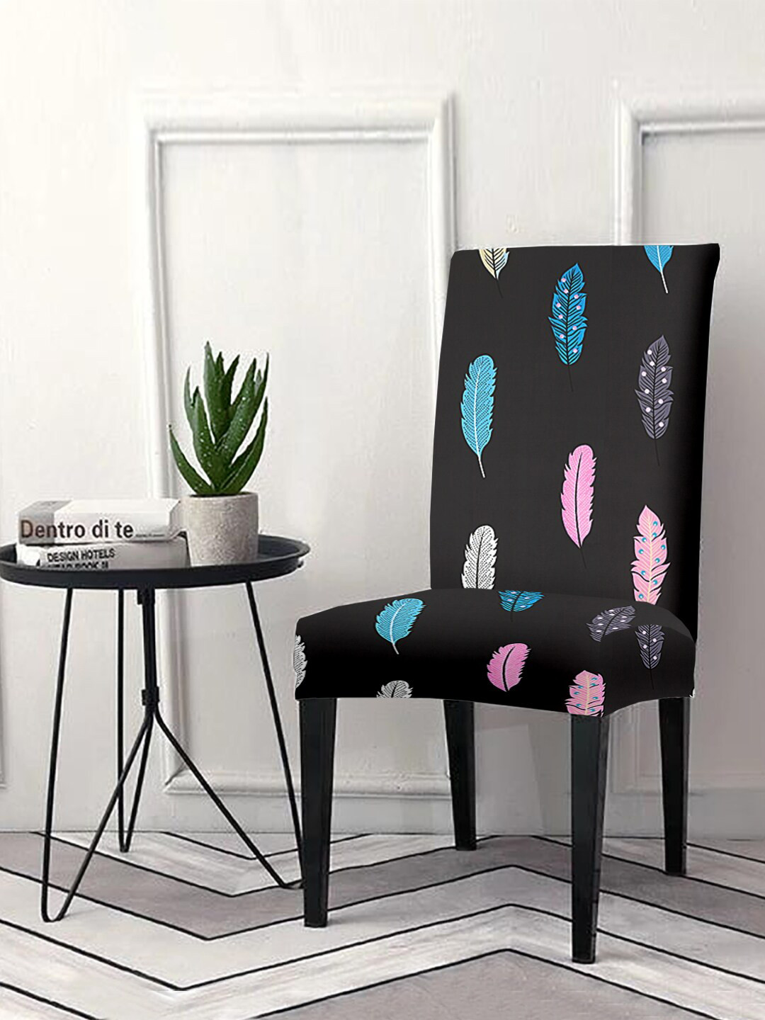 Buy Aura Set Of 4 Black & Pink Printed Chair Covers Chair Cover for
