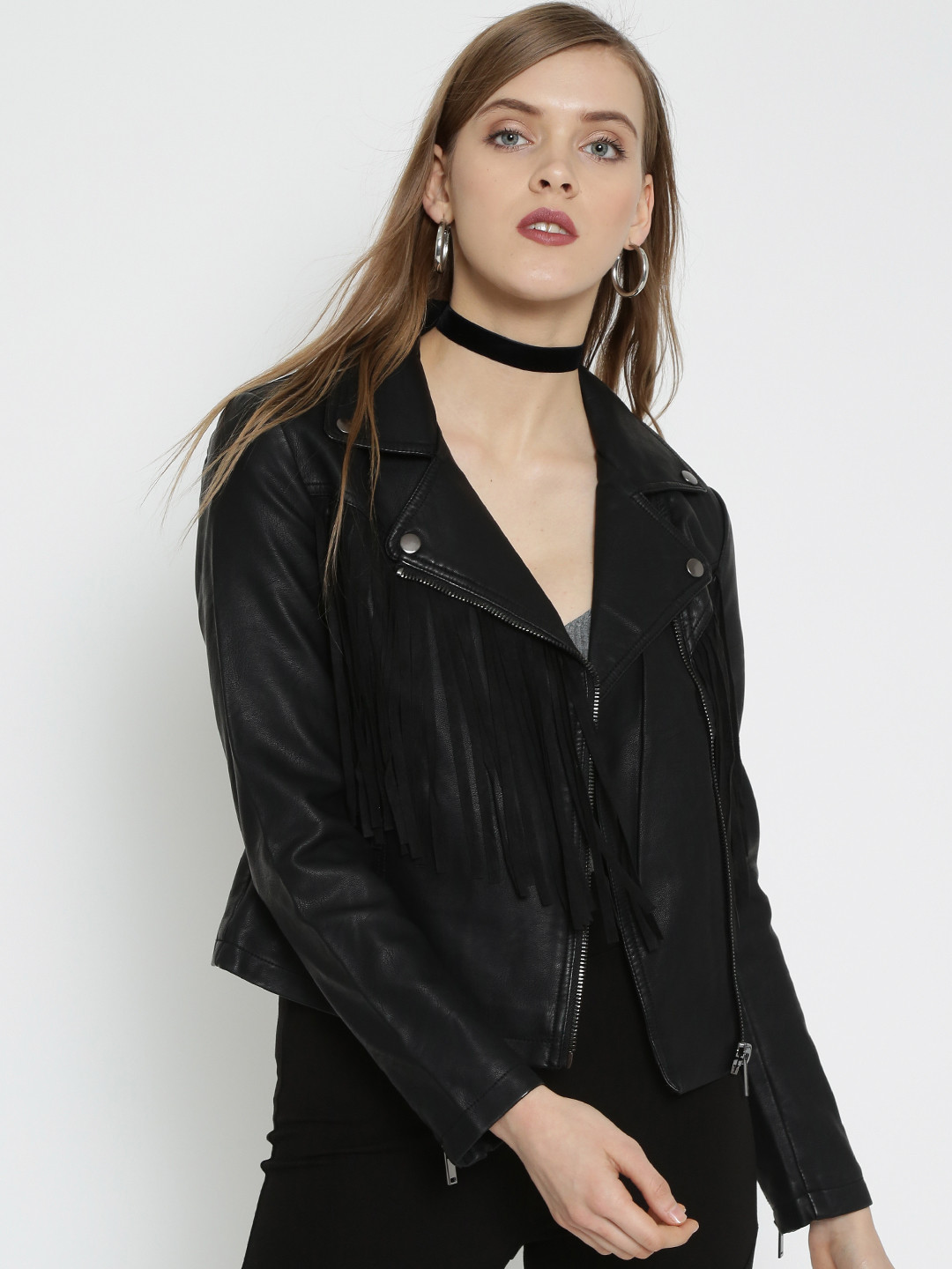Buy FOREVER 21 Black Faux Leather Fringed Biker Jacket Jackets for