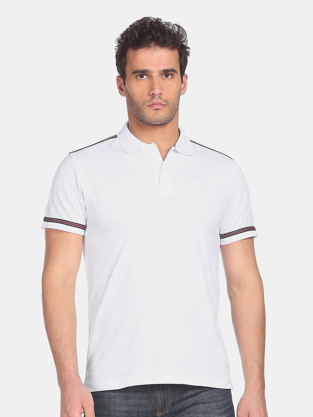 Men's White Polo Collar T-Shirt with Embroidered Patchwork Design