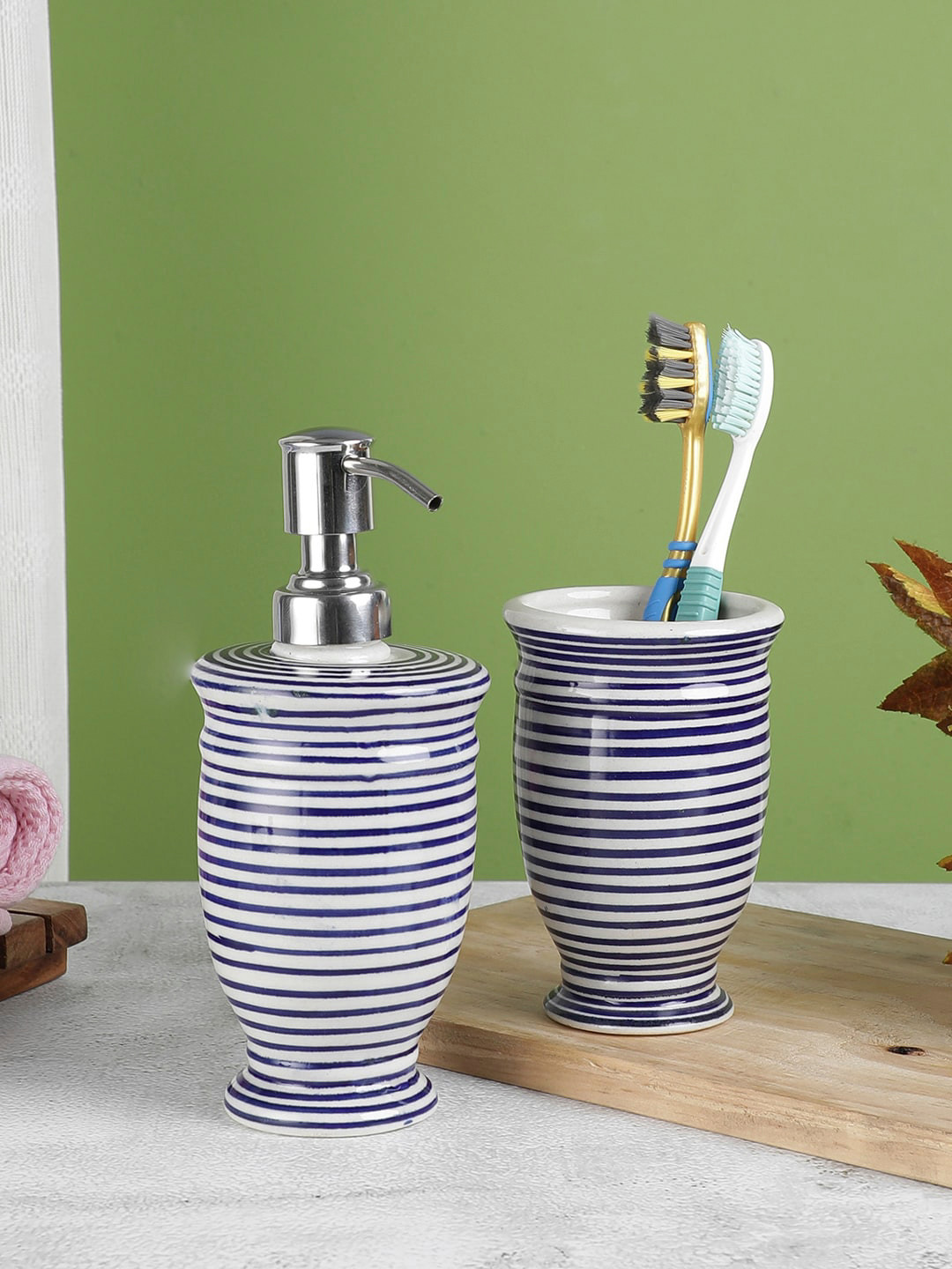 Buy VarEesha Set Of 2 Blue & White Striped Ceramic Bath Accessories