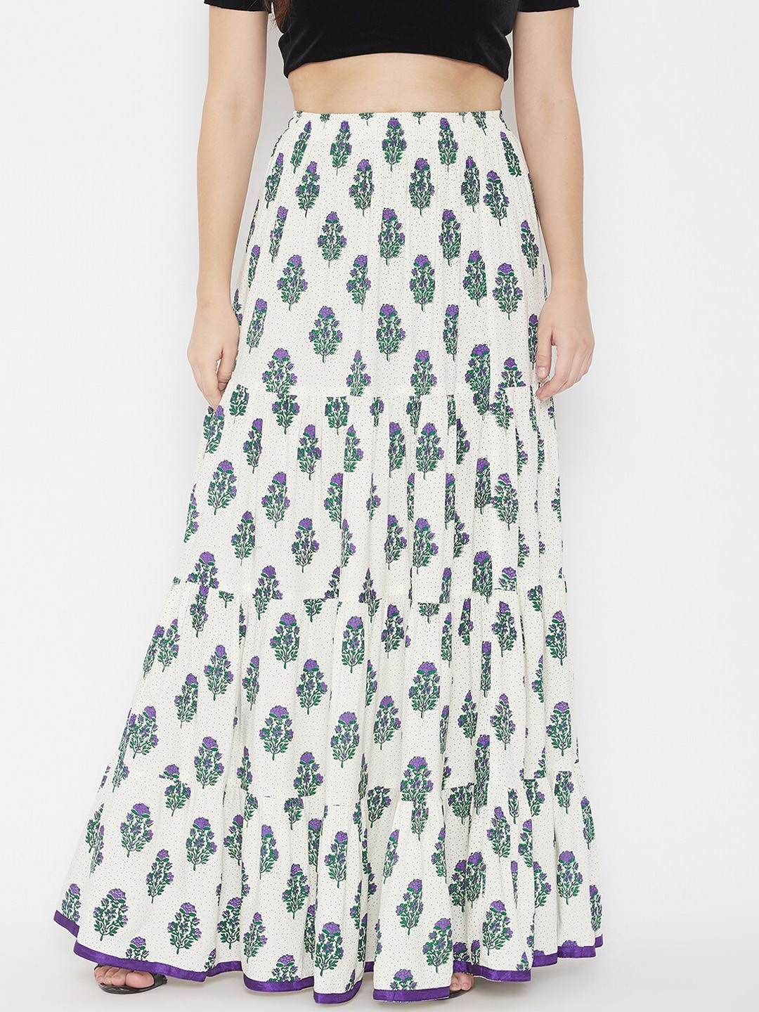 Women Off-White Orange And Green Printed Flared Maxi Skirt main image 0