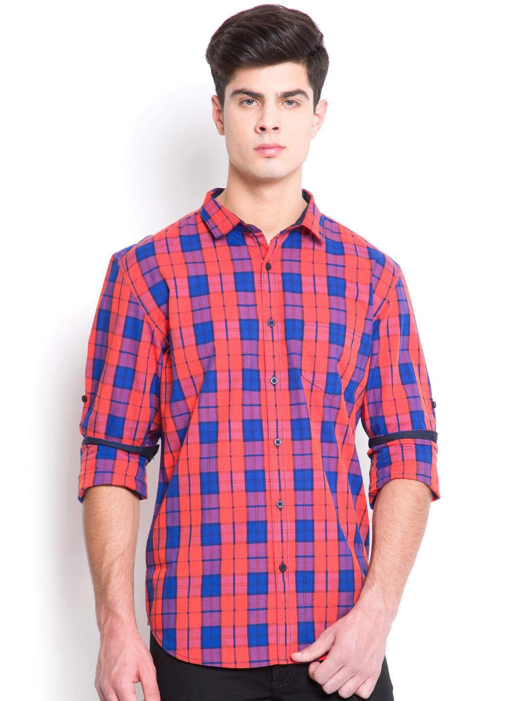 Buy HIGHLANDER Men Orange Slim Fit Checked Casual Shirt ...