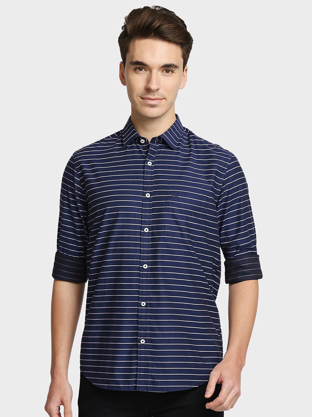 Buy ColorPlus Men Blue Horizontal Stripes Striped Casual Shirt - Shirts ...