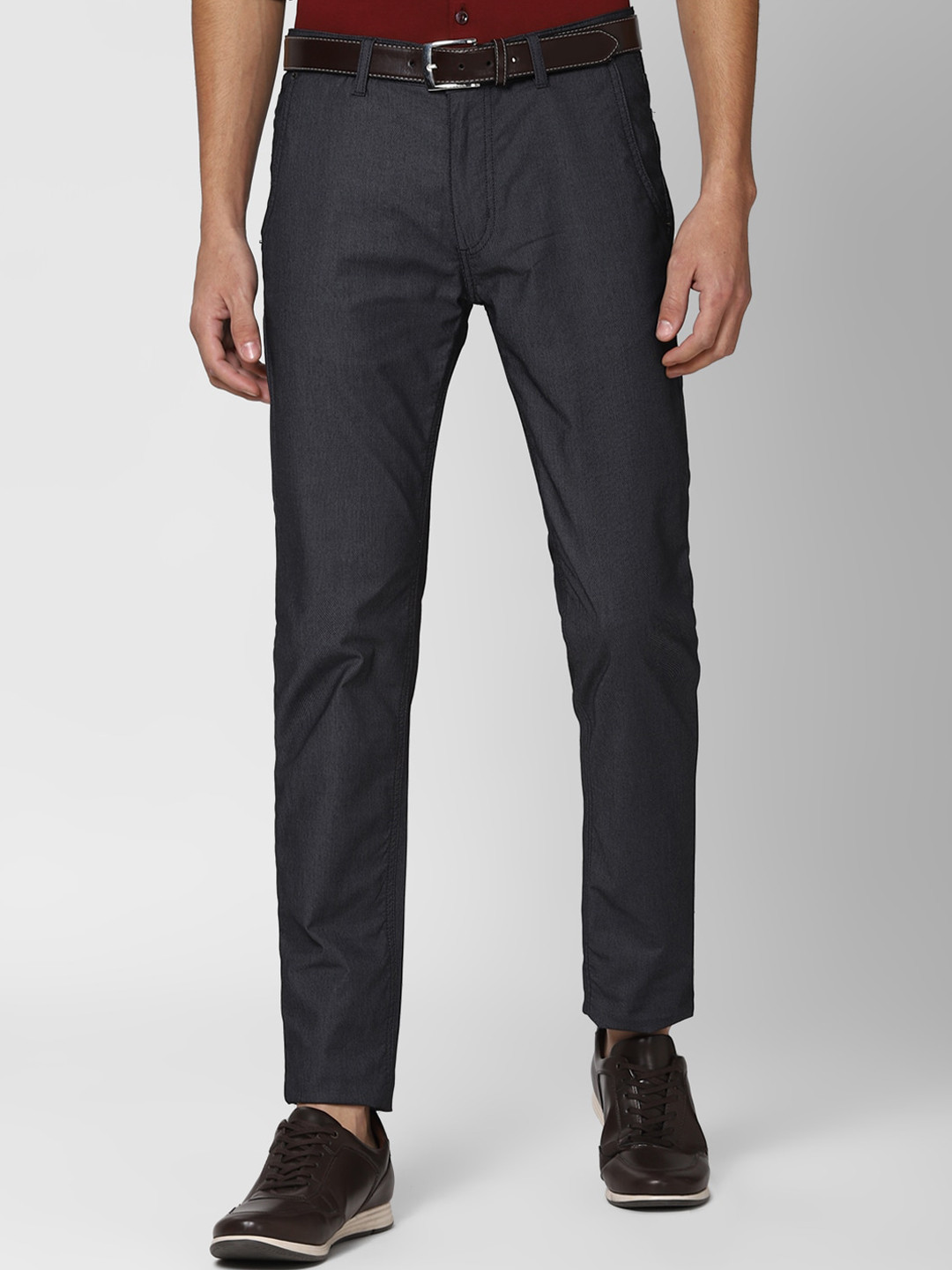 Buy Peter England Casuals Men Navy Blue Textured Slim Fit Trousers