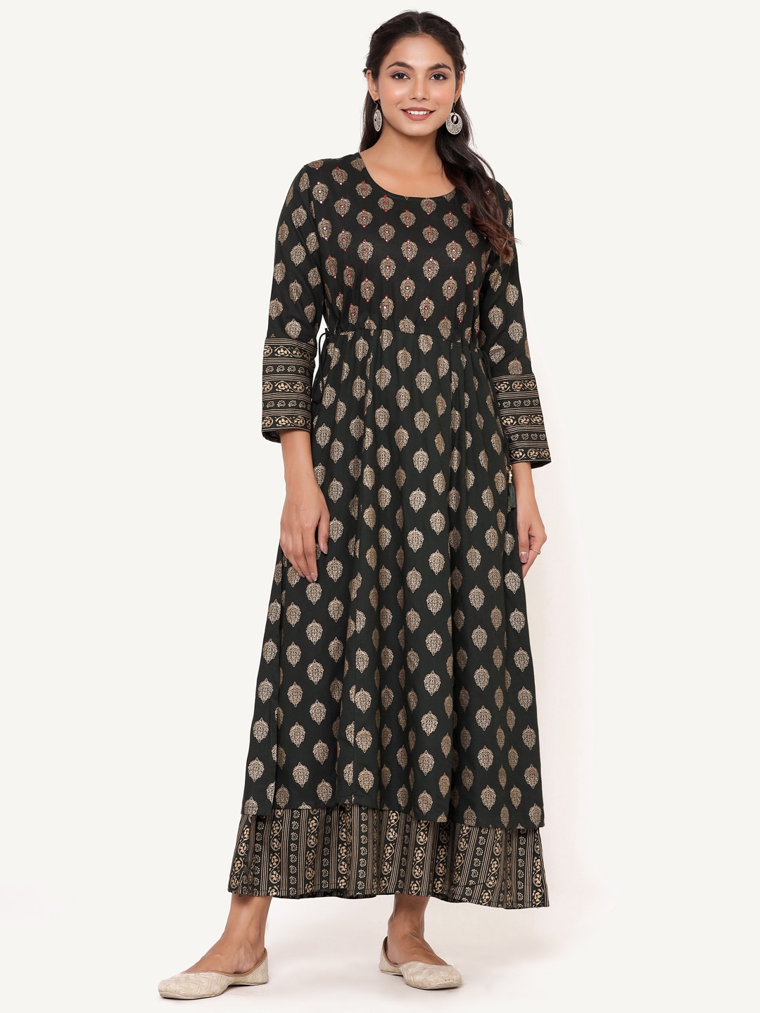 Buy ANAISA Green & Gold Toned Ethnic Motifs Printed Mirror Work A Line Layered Maxi Dress ...