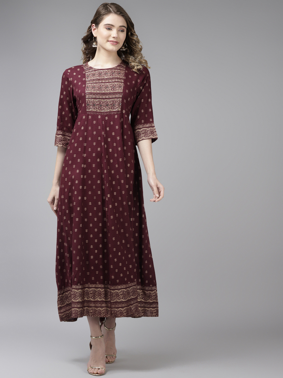 Women Maroon & Gold Ethnic Motifs Printed Maxi Dress