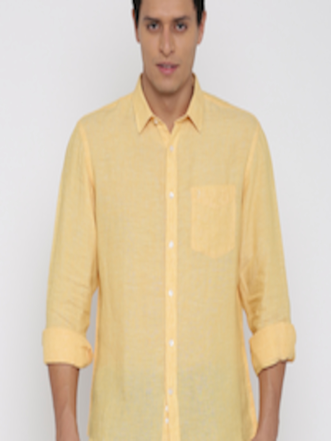 Buy Indian Terrain Men Yellow Slim Fit Self Design Linen Casual Shirt ...