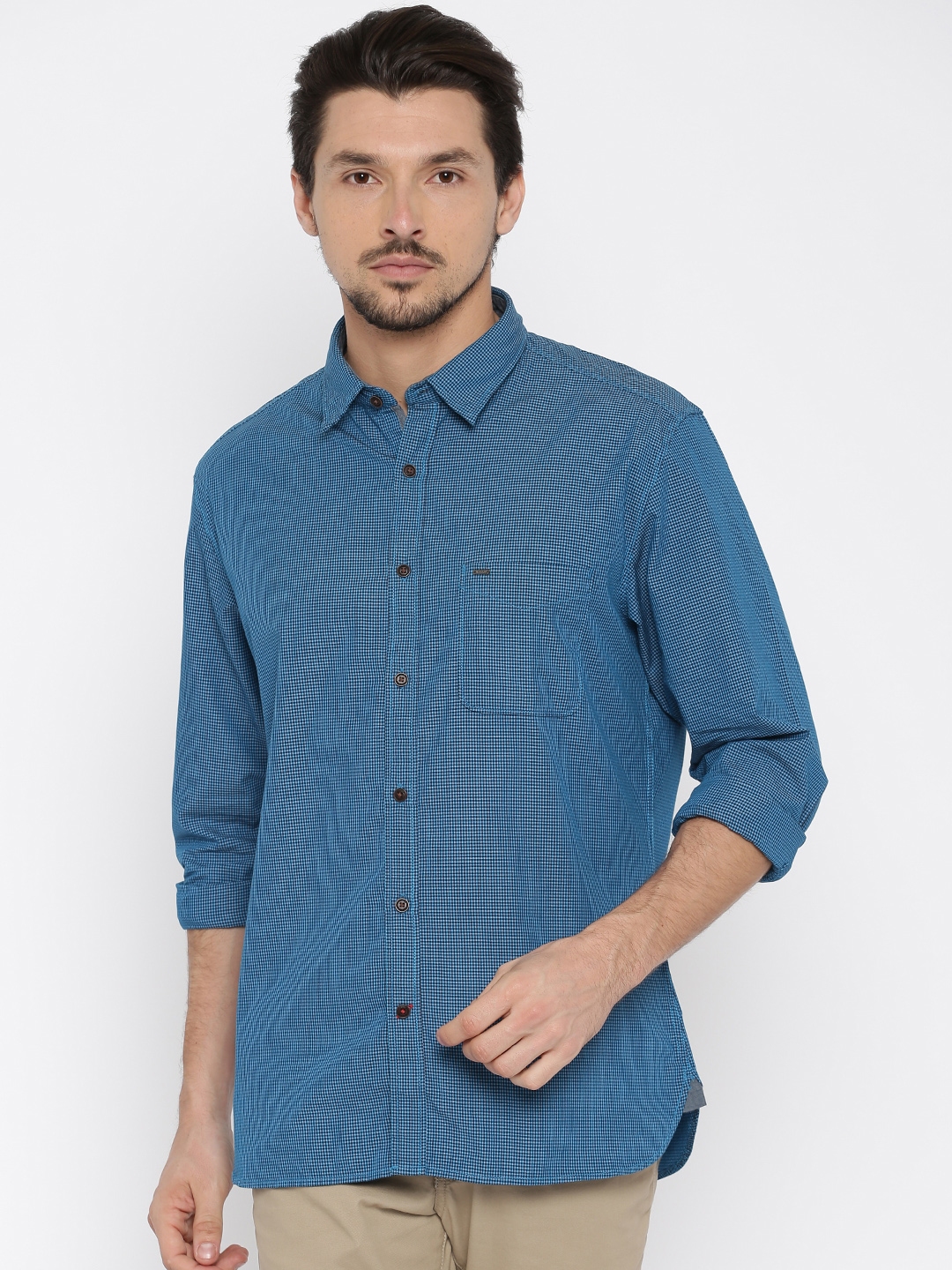 Buy Indian Terrain Men Blue Chiseled Fit Checked Casual Shirt - Shirts ...