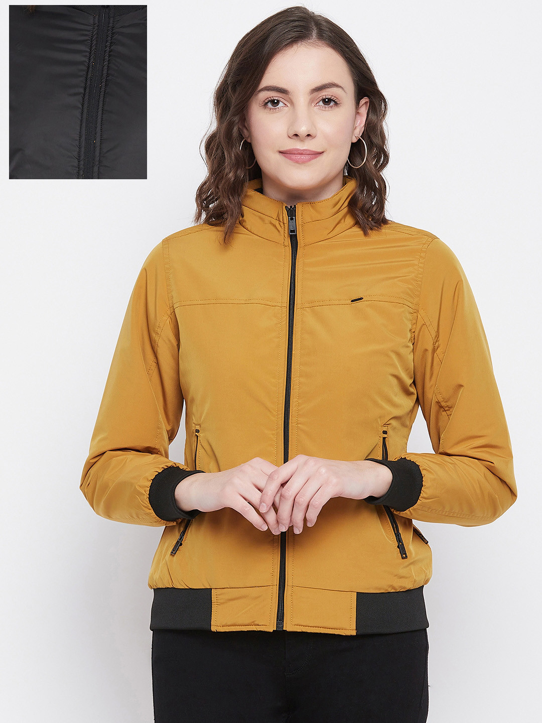 Buy Okane Women Mustard Yellow Solid Reversible Bomber Jacket Jackets