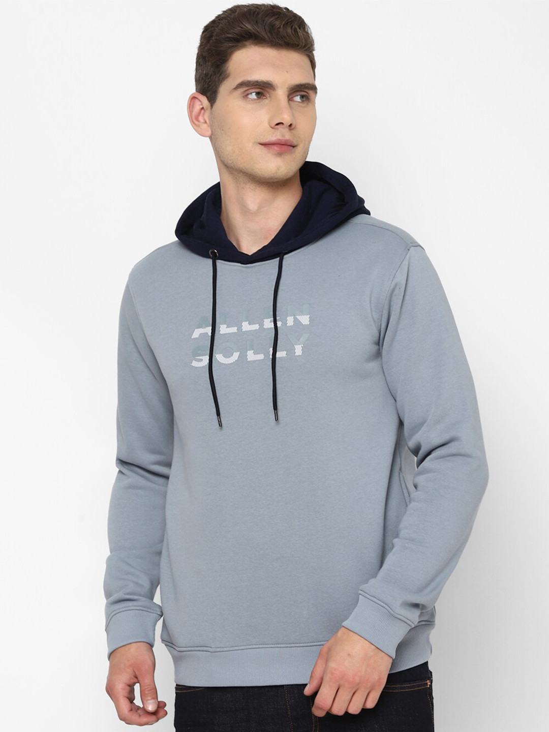 Buy Allen Solly Men Grey & White Printed Hooded Sweatshirt