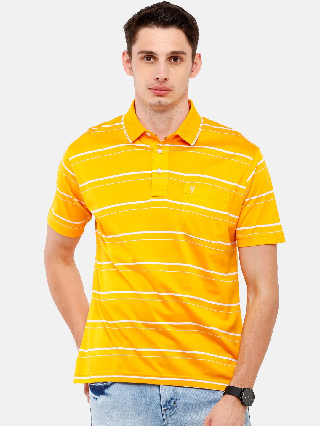Buy Classic Polo Men Yellow & White Striped Polo Collar Pockets T Shirt ...