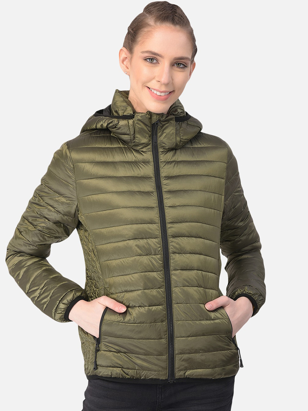 Buy Woods Women Olive Green Water Resistant Longline Bomber Jacket