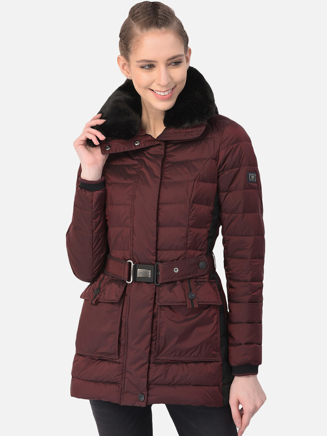 Buy Woods Women Burgundy Water Resistant Longline Hooded Padded Jacket