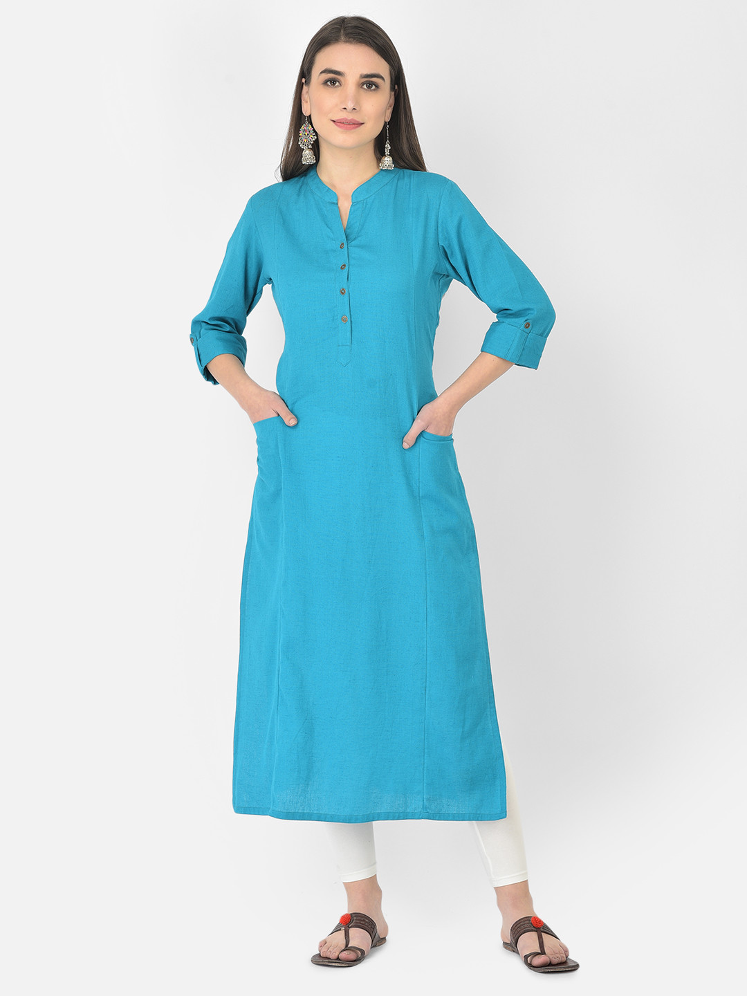 Women Liva Turquoise Blue Foil Print Kurta main image 0